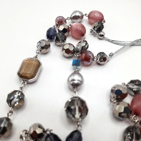 Chico’s Multi Strand Beaded Necklace NWT Silver Tone Mixed Beads 44 Inch - Picture 5 of 9